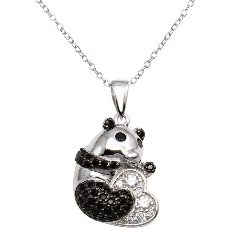Silver 925 Rhodium Plated Black and Clear CZ Panda Bear Necklace - BGP01291 | Silver Palace Inc.