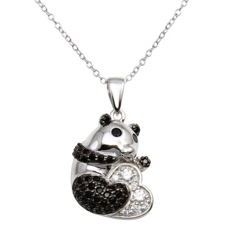 Silver 925 Rhodium Plated Black and Clear CZ Panda Bear Necklace - BGP01291 | Silver Palace Inc.