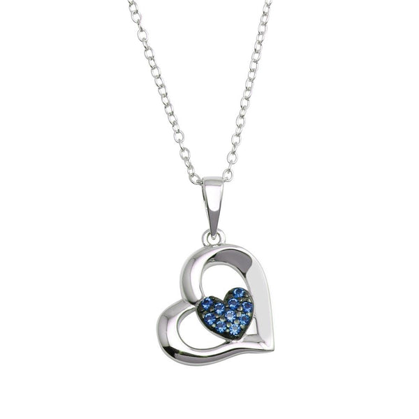 Silver 925 Rhodium Plated Heart Pendant Necklace with Blue CZ - BGP01292BLU | Silver Palace Inc.