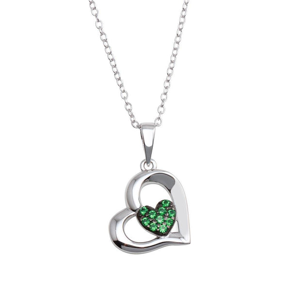 Silver 925 Rhodium Plated Heart Pendant Necklace with Green CZ - BGP01292GRN | Silver Palace Inc.