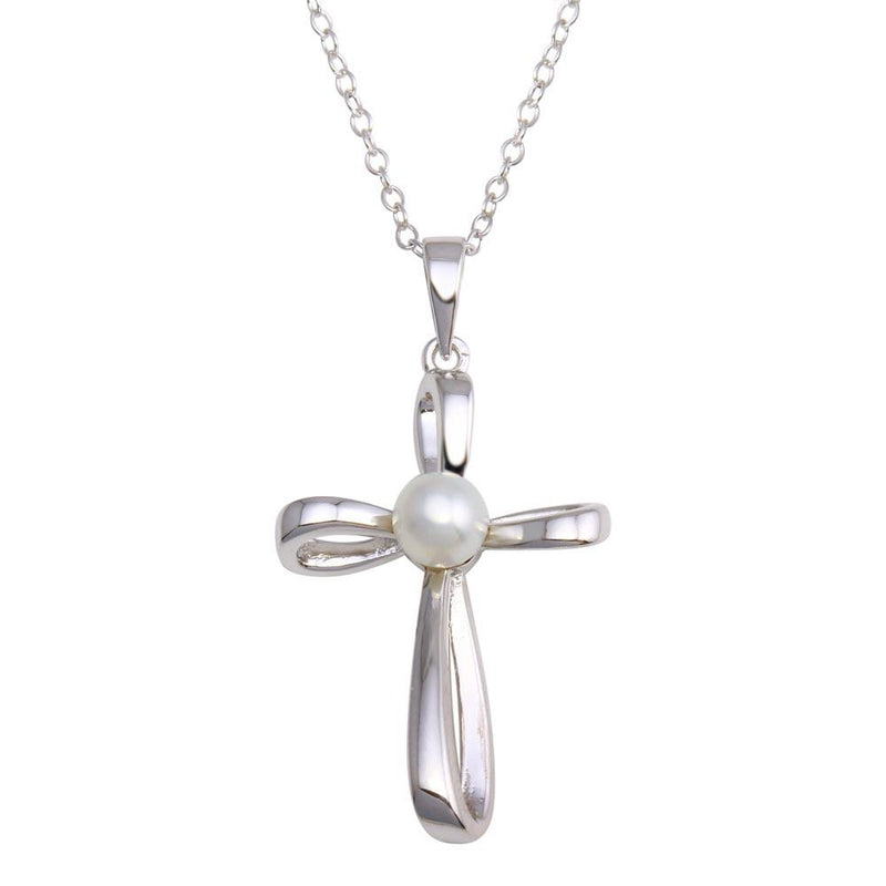 Silver 925 Rhodium Plated Pearl Center Cross Necklace - BGP01296 | Silver Palace Inc.