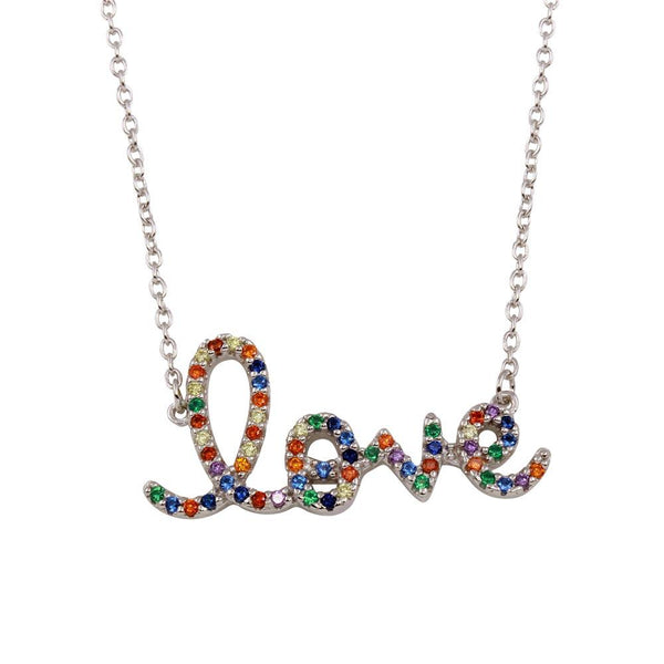 Silver 925 Rhodium Plated "Love" Word Necklace with Rainbow CZ - BGP01299 | Silver Palace Inc.