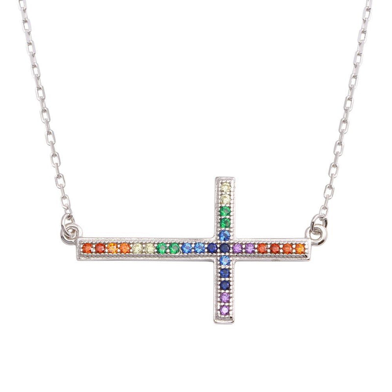 Silver 925 Rhodium Plated Sideways Cross Pendant with Multi-Colored CZ - BGP01309 | Silver Palace Inc.