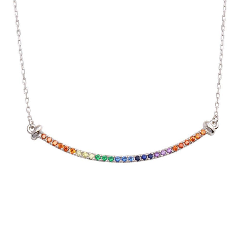 Silver 925 Rhodium Plated Curve Pendant Necklace with Rainbow CZ - BGP01310 | Silver Palace Inc.