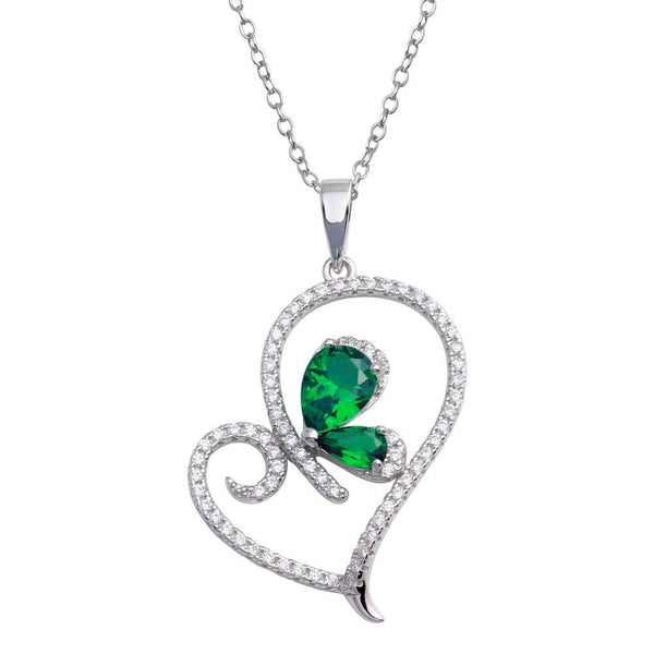 Silver 925 Rhodium Plated Heart Pendant Necklace with Green CZ - BGP01311 | Silver Palace Inc.