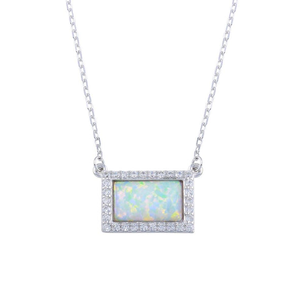 Silver 925 Rhodium Plated Rectangle Opal Pendant Necklace with CZ - BGP01316 | Silver Palace Inc.