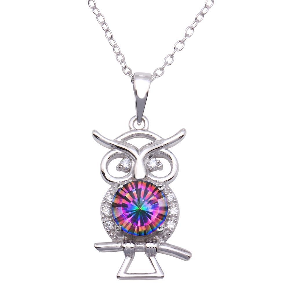Silver 925 Rhodium Plated Mystic Topaz CZ Owl Necklace - BGP01322 | Silver Palace Inc.