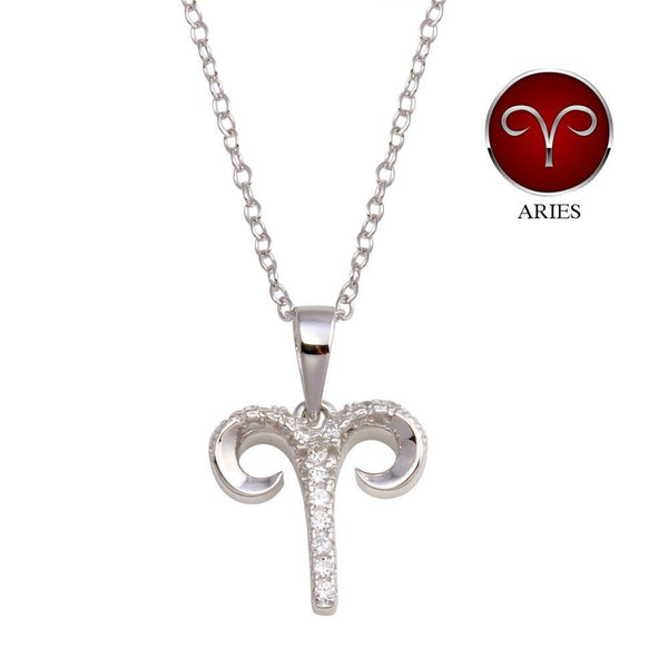 Silver 925 Rhodium Plated Aries CZ Zodiac Sign Necklace - BGP01333 | Silver Palace Inc.