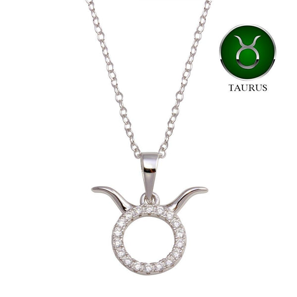 Silver 925 Rhodium Plated Taurus CZ Zodiac Sign Necklace - BGP01334 | Silver Palace Inc.