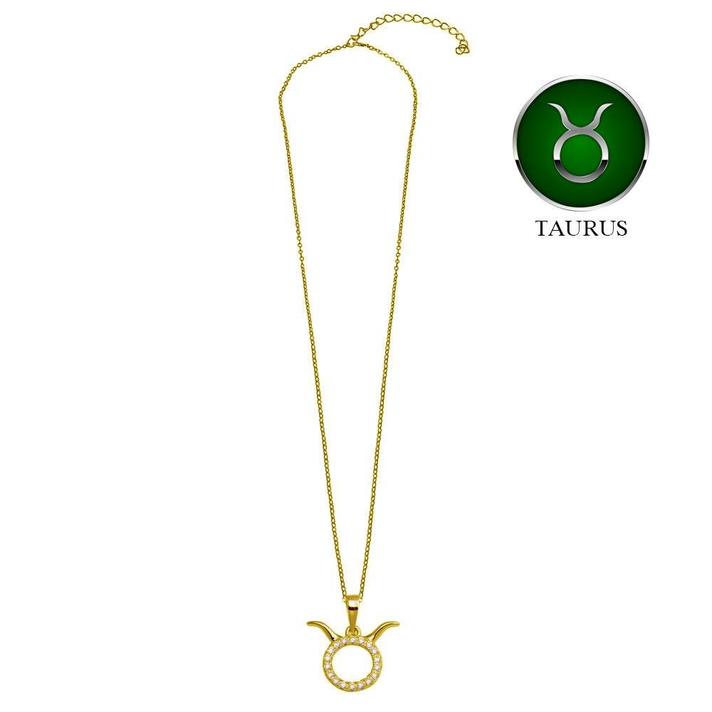 Collar con el signo del zodiaco Tauro y circonitas cúbicas en plata de ley 925 bañado en oro - BGP01334GP