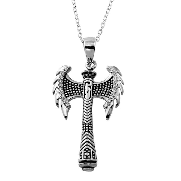 Silver 925 Rhodium Plated Viking Axe CZ Necklace - BGP01349 | Silver Palace Inc.