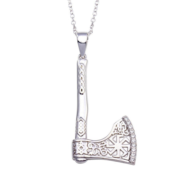 Silver 925 Rhodium Plated Indian Axe CZ Necklace - BGP01351 | Silver Palace Inc.