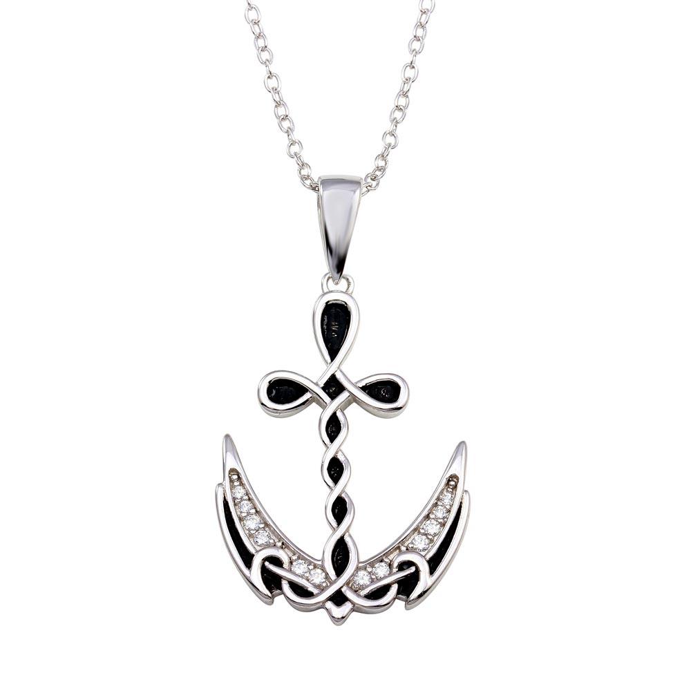 Silver 925 Rhodium Plated Celtic Design Anchor CZ Necklace - BGP01352 | Silver Palace Inc.