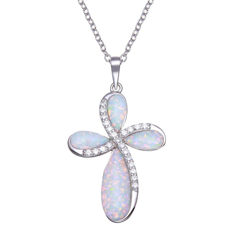 Silver 925 Rhodium Plated Opal Clear CZ Cross Necklace - BGP01358 | Silver Palace Inc.