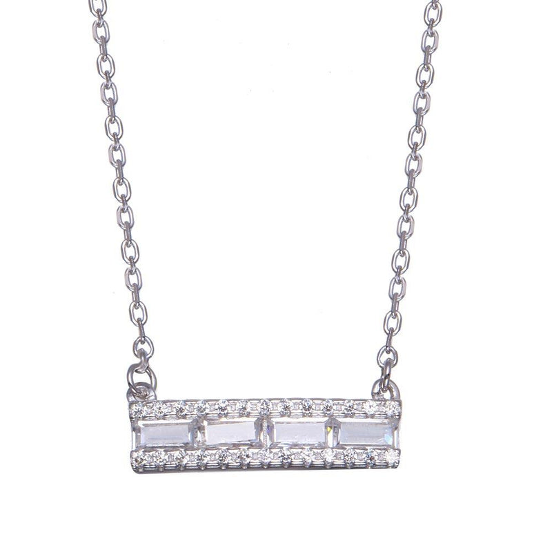 Silver 925 Rhodium Plated Baguette Horizontal Bar CZ Necklace - BGP01363 | Silver Palace Inc.