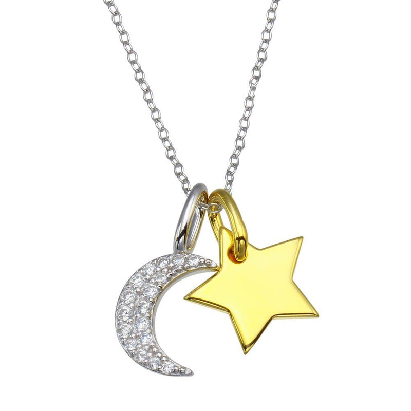 Rhodium Plated 925 Sterling Silver 2 Toned Star and Crescent Moon CZ Necklace - BGP01365 | Silver Palace Inc.
