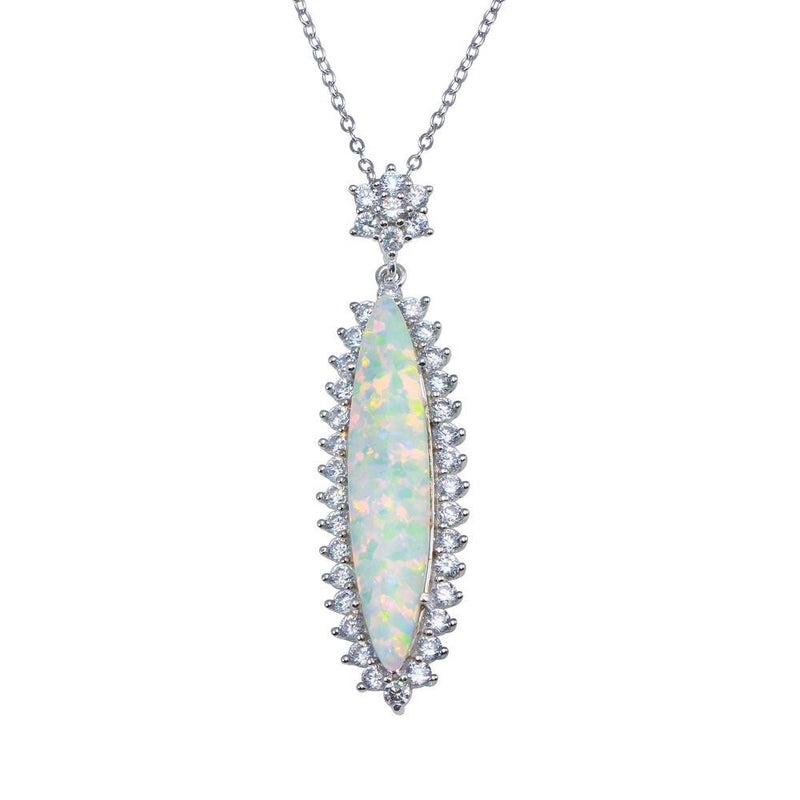 Rhodium Plated 925 Sterling Silver Teardrop Synthetic Opal Necklace with CZ - BGP01367 | Silver Palace Inc.