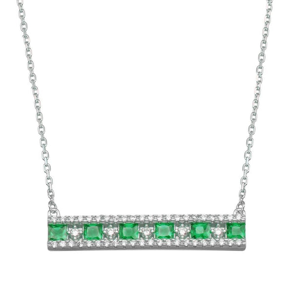 Rhodium Plated 925 Sterling Silver Horizontal Bar Green CZ Necklace - BGP01368GRN | Silver Palace Inc.