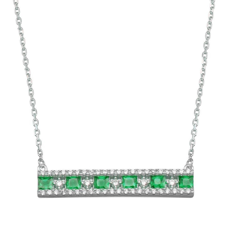 Rhodium Plated 925 Sterling Silver Horizontal Bar Green CZ Necklace - BGP01368GRN | Silver Palace Inc.