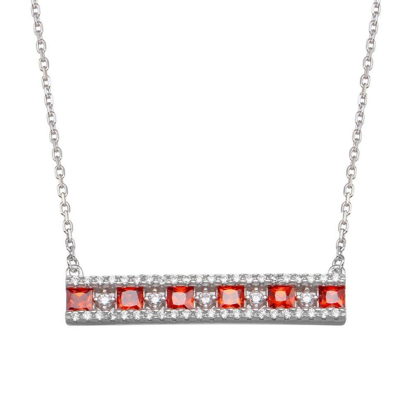 Rhodium Plated 925 Sterling Silver Horizontal Bar Red CZ Necklace - BGP01368RED | Silver Palace Inc.