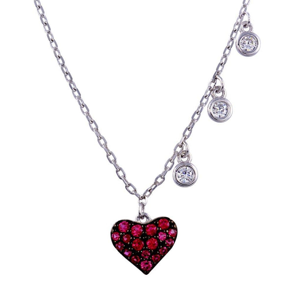 Rhodium Plated 925 Sterling Silver Dark Pink CZ Heart Necklace - BGP01371 | Silver Palace Inc.