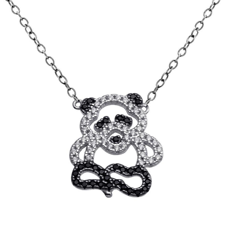 Rhodium Plated 925 Sterling Silver Black and Clear Outline CZ Panda Bear Necklace - BGP01375 | Silver Palace Inc.