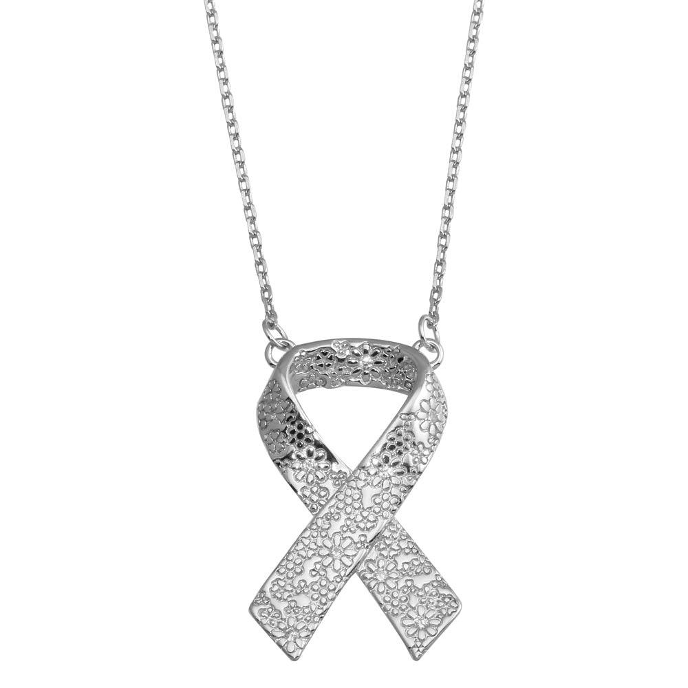 Silver 925 CZ Rhodium Plated Flower Design Ribbon Necklace - BGP01376