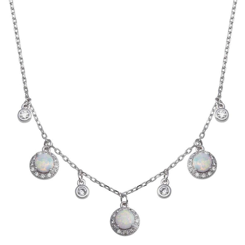 Rhodium Plated 925 Sterling Silver Dangling CZ and Round Synthetic Opal Necklace - BGP01377 | Silver Palace Inc.