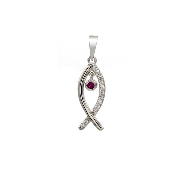Rhodium Plated 925 Sterling Silver Fish Pendant with Clear and Pink CZ - BGP01378 | Silver Palace Inc.