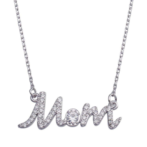 Rhodium Plated 925 Sterling Silver Clear CZ Script MOM Necklace - BGP01380 | Silver Palace Inc.