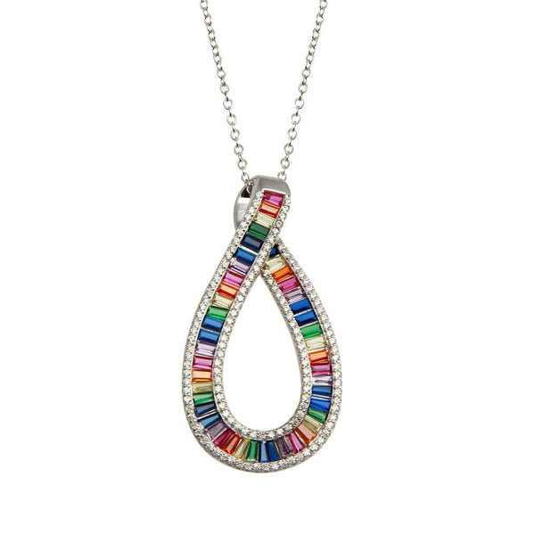 Rhodium Plated 925 Sterling Silver Rainbow Multi Color CZ Ribbon Necklace - BGP01385 | Silver Palace Inc.