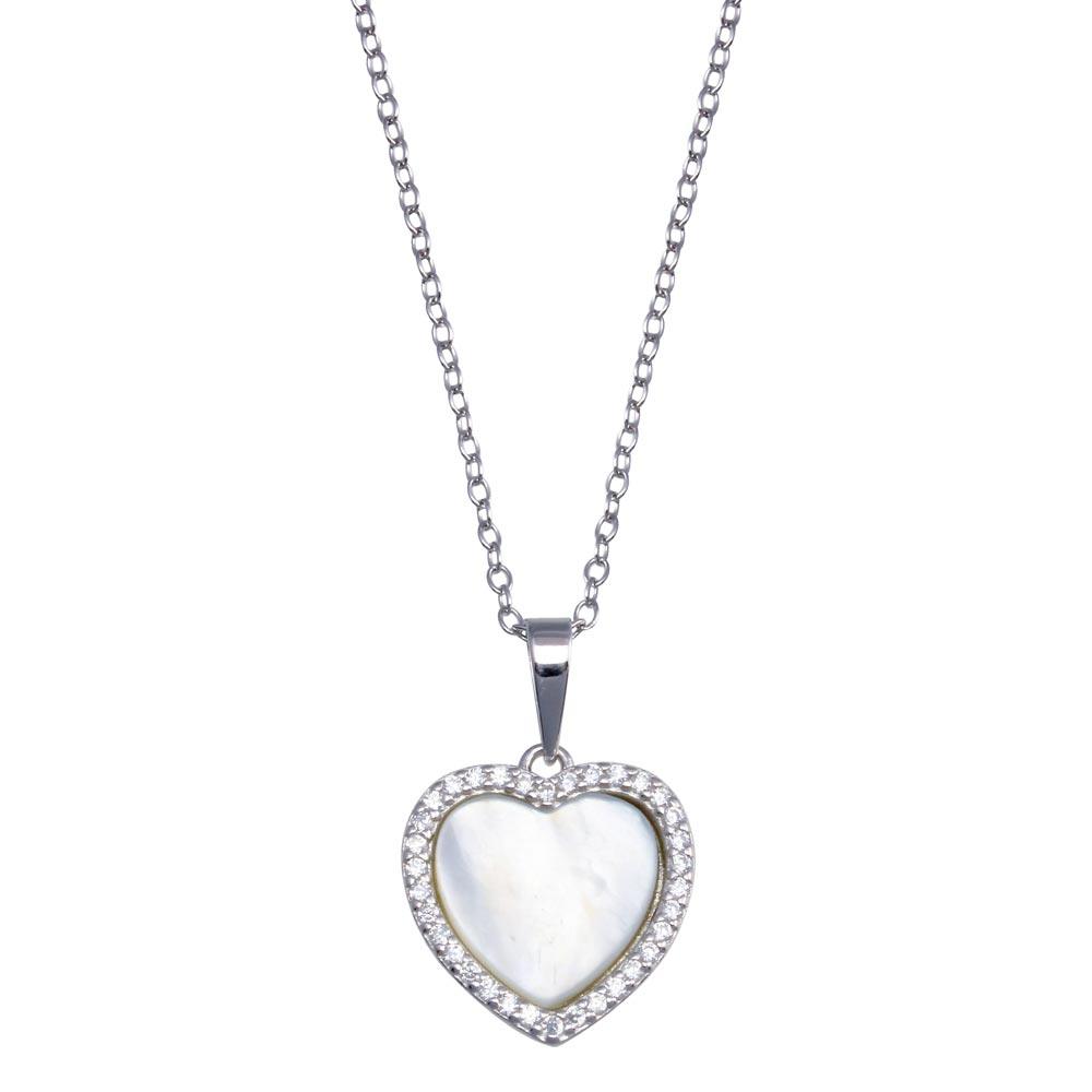 Silver 925 Rhodium Plated Heart Mother of Pearl Necklace - BGP01387 | Silver Palace Inc.