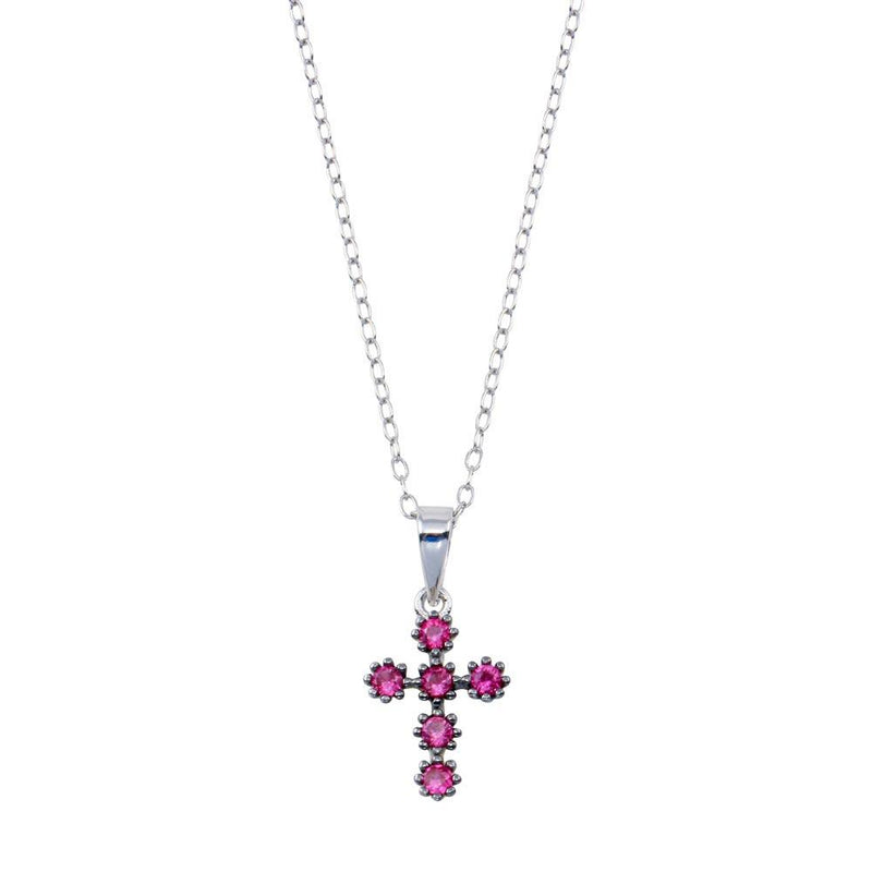 Rhodium Plated 925 Sterling Silver Cross Pink CZ Necklace  - BGP01393 | Silver Palace Inc.