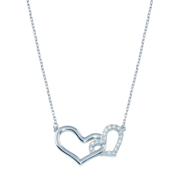 Rhodium Plated 925 Sterling Silver Double CZ Heart Necklace - BGP01396 | Silver Palace Inc.