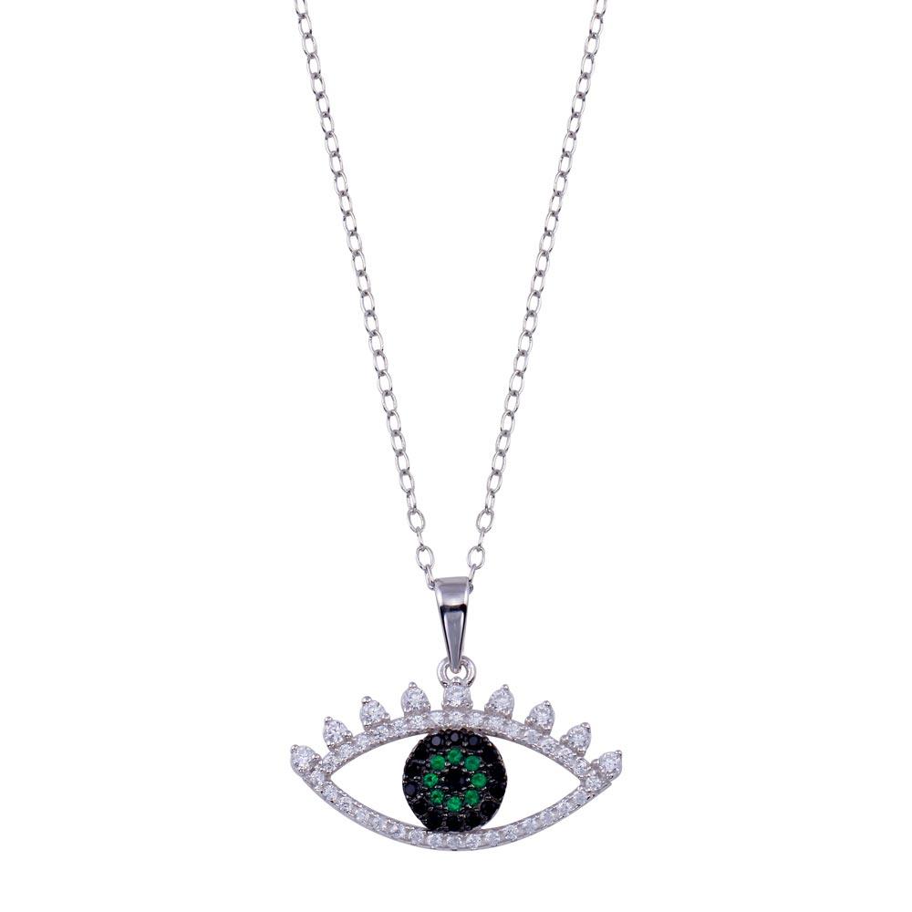 Rhodium Plated 925 Sterling Silver Clear Green CZ Evil Eye Necklace - BGP01400 | Silver Palace Inc.