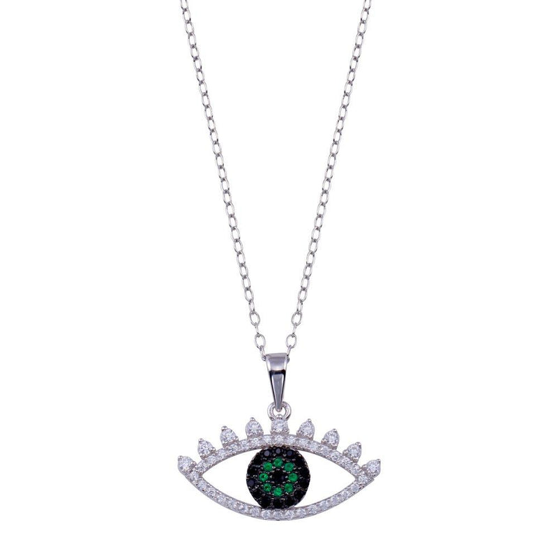 Rhodium Plated 925 Sterling Silver Clear Green CZ Evil Eye Necklace - BGP01400 | Silver Palace Inc.