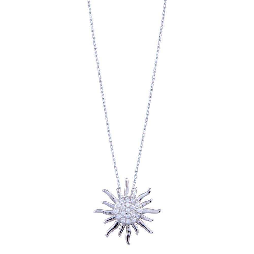 Rhodium Plated 925 Sterling Silver Clear CZ Sun Necklace - BGP01403 | Silver Palace Inc.