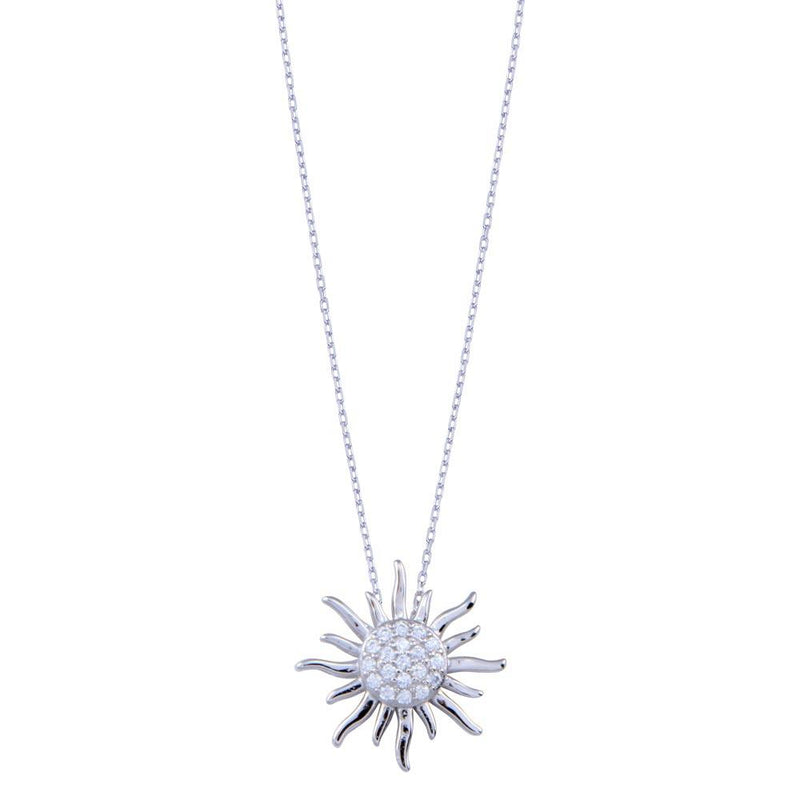 Rhodium Plated 925 Sterling Silver Clear CZ Sun Necklace - BGP01403 | Silver Palace Inc.