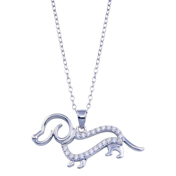 Rhodium Plated 925 Sterling Silver Clear CZ Outline Dog Necklace - BGP01405 | Silver Palace Inc.