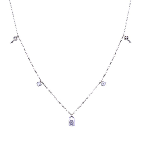 Rhodium Plated 925 Sterling Silver Clear CZ Lock and Key Necklace - BGP01406 | Silver Palace Inc.