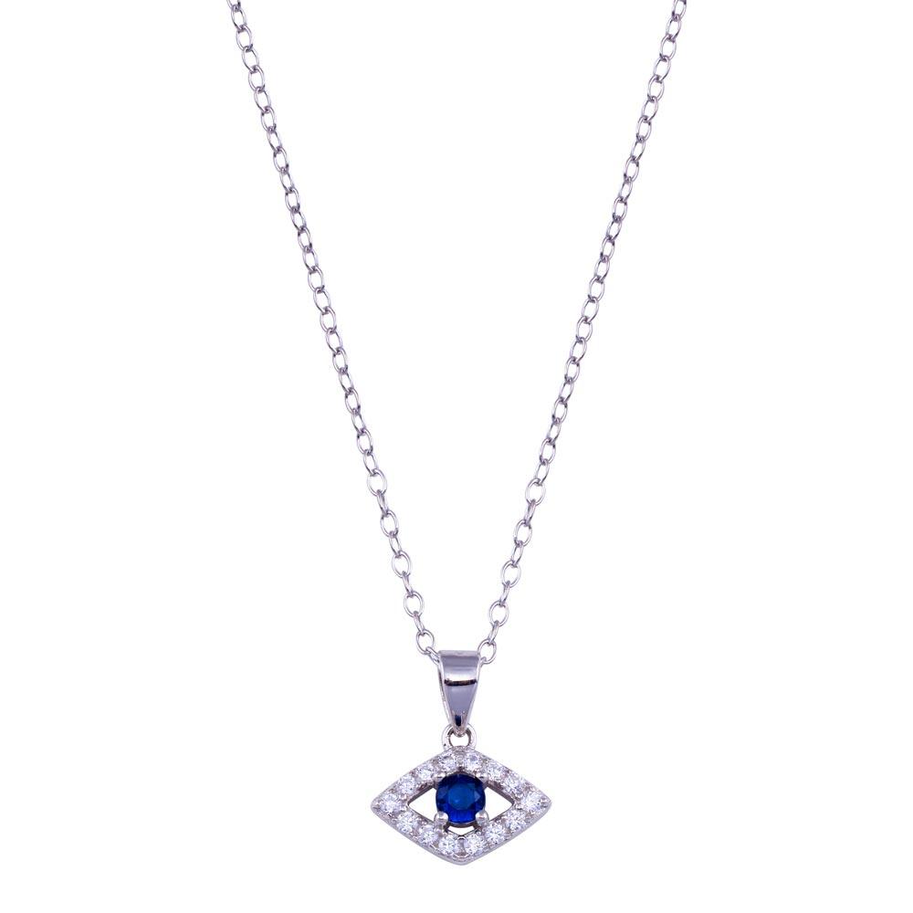 Rhodium Plated 925 Sterling Silver Clear and Blue CZ Evil Eye Necklace - BGP01408 | Silver Palace Inc.