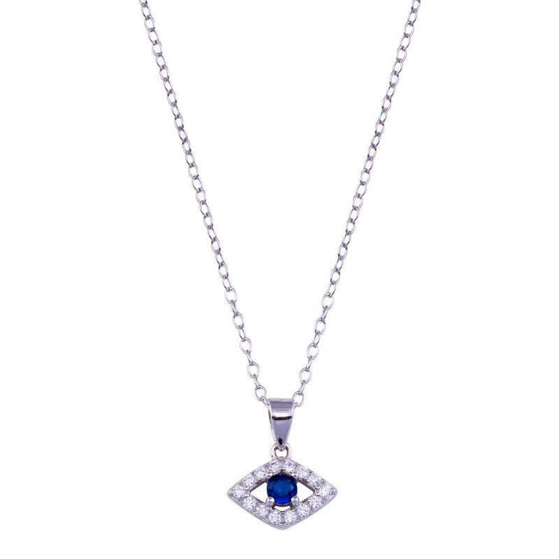 Rhodium Plated 925 Sterling Silver Clear and Blue CZ Evil Eye Necklace - BGP01408 | Silver Palace Inc.