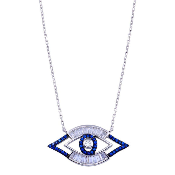Rhodium Plated 925 Sterling Silver Clear Blue CZ Evil Eye Necklace - BGP01409 | Silver Palace Inc.