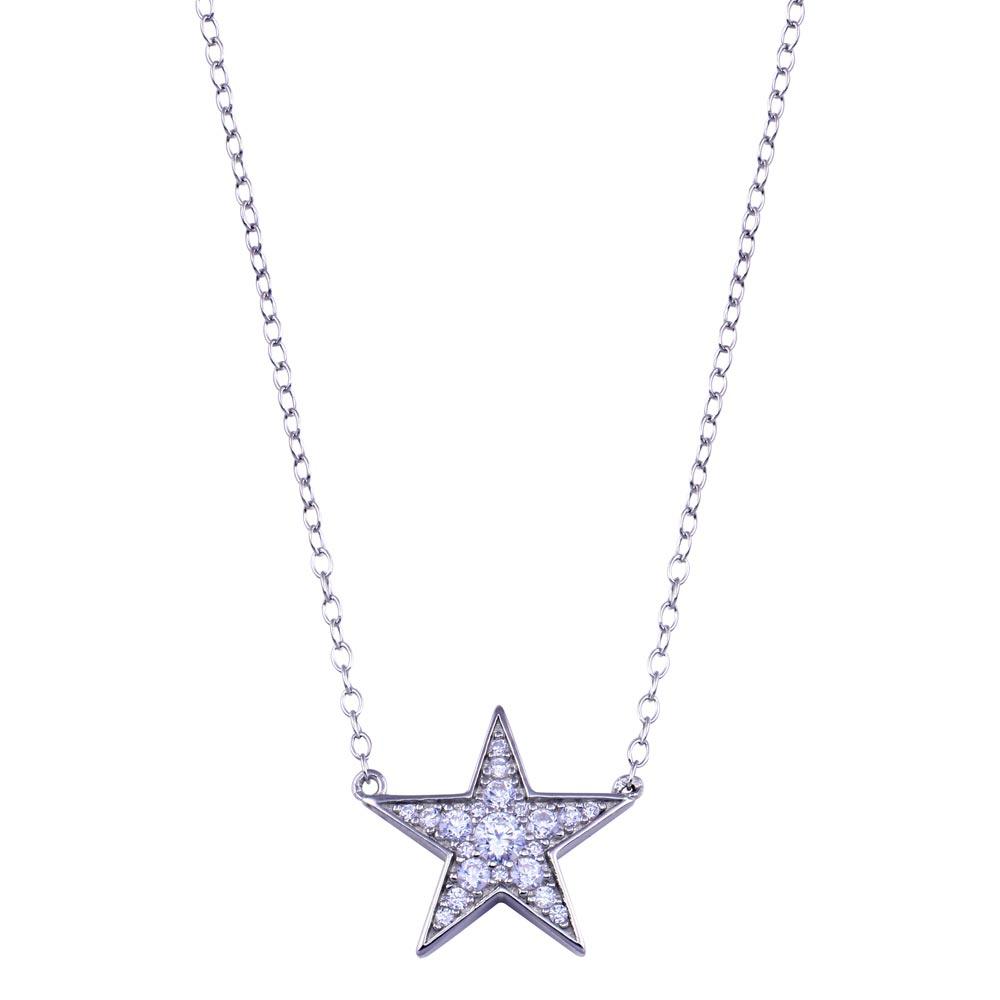 Rhodium Plated 925 Sterling Silver Clear CZ Star Necklace - BGP01410 | Silver Palace Inc.