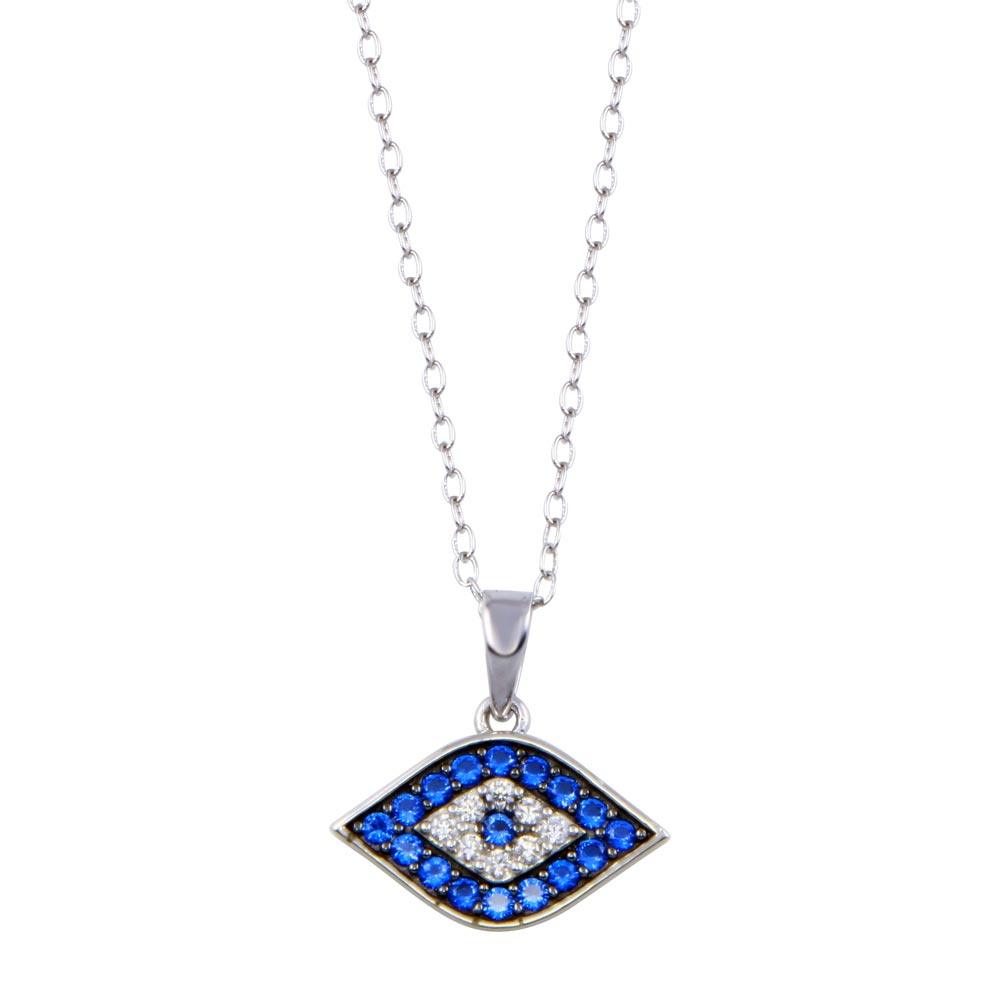 Rhodium Plated 925 Sterling Silver Evil Eye Blue and Clear CZ Necklace - BGP01411 | Silver Palace Inc.