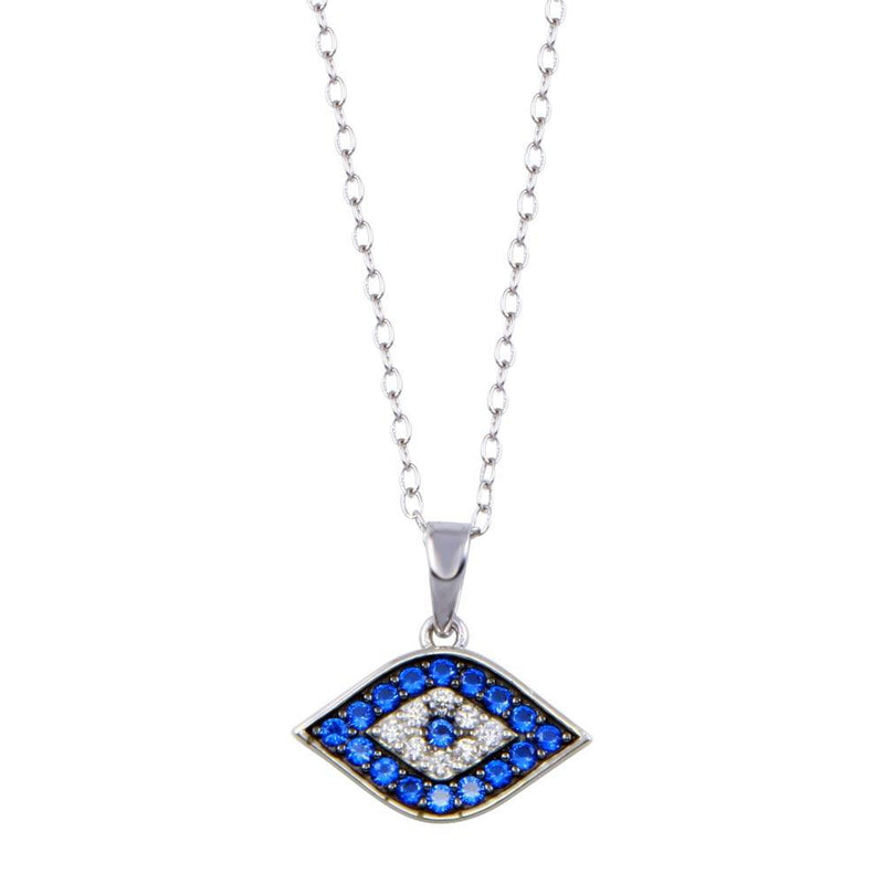 Rhodium Plated 925 Sterling Silver  Evil Eye Blue and Clear CZ Necklace - BGP01411 | Silver Palace Inc.