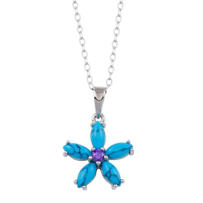 Rhodium Plated 925 Sterling Silver Turquoise Flower and Purple CZ Necklace - BGP01412 | Silver Palace Inc.