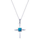 Rhodium Plated 925 Sterling Silver Cross Turquoise CZ Necklace - BGP01415 | Silver Palace Inc.