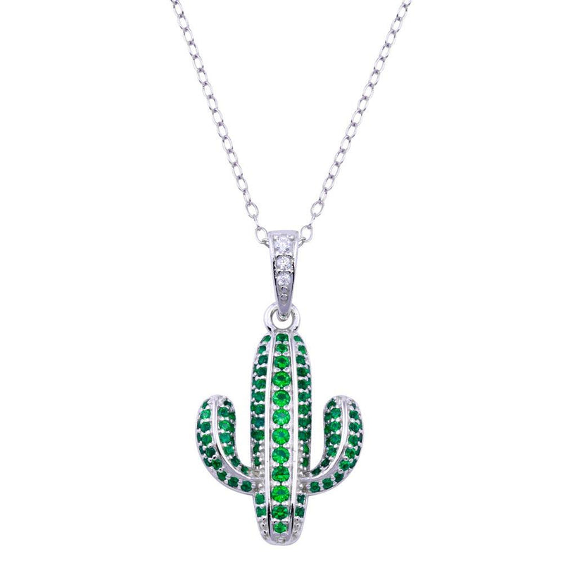 Rhodium Plated 925 Sterling Silver Cactus Green CZ Necklace - BGP01416 | Silver Palace Inc.