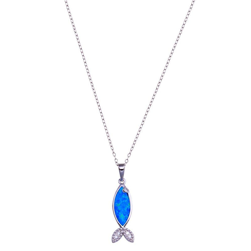 Rhodium Plated 925 Sterling Silver Blue Opal Fish CZ Necklace - BGP01418 | Silver Palace Inc.